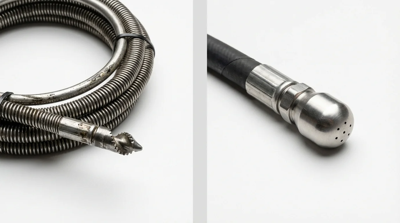 Drain snake cable and hydro jetting nozzle used for drain cleaning in Covina, CA