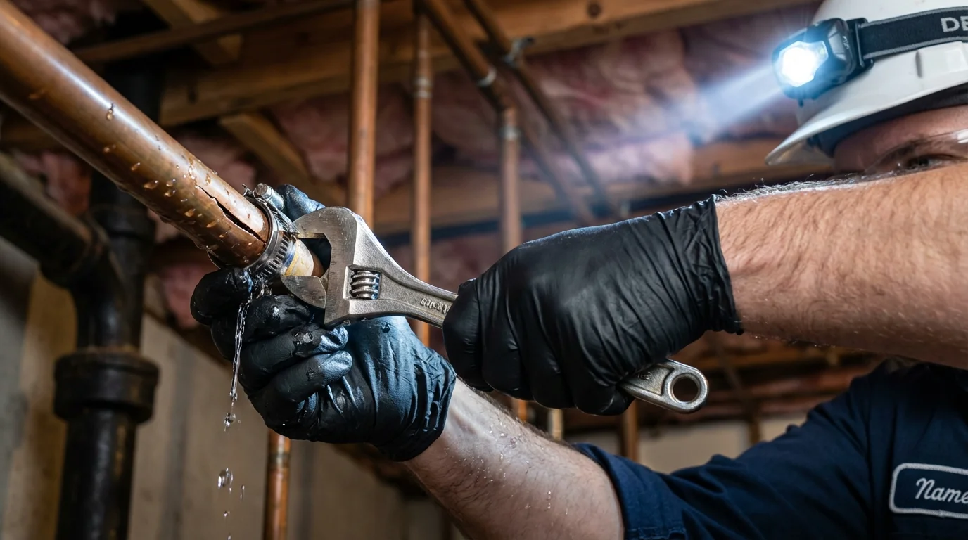 Emergency pipe clamp repair being performed by a Johns Plumbing LLC plumber in Covina