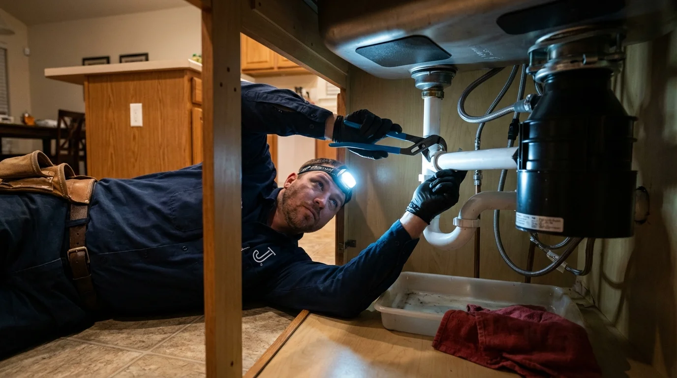 P-trap and supply line connections under a kitchen sink showing a common leak point in Covina, CA